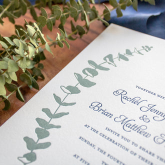 Custom two color letterpress wedding invitation with eucalyptus illustration