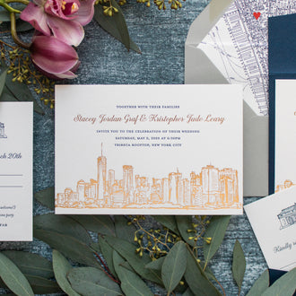 Cityscape letterpress wedding invitation, New York City skyline, gold foil, wax seal, map envelope liner