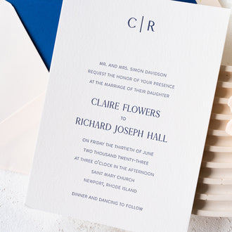 Modern classic letterpressed invitation with simple monogram for Newport wedding