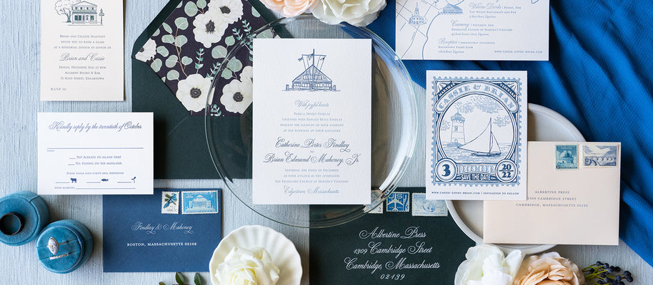 Custom letterpress invitation suite for Martha's Vineyard wedding