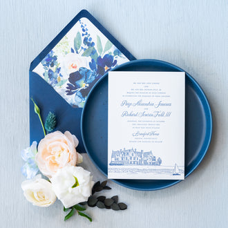 New England coastal letterpress wedding invitation suite with custom venue illustration