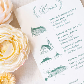 Custom letterpress venue illustrations for wedding invitation details card