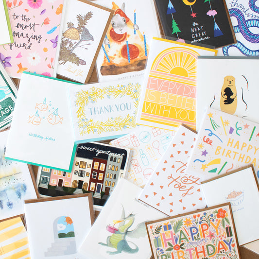 a beautiful mess style spread of greeting cards for all occasions