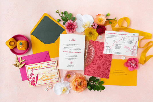 Custom design letterpress invitation suite for destination wedding in Panama, vibrant colors, custom map, florals, and save the date card