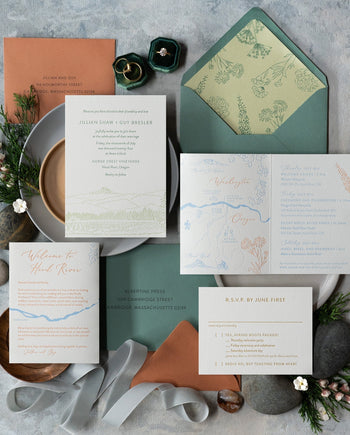 Landscape, letterpressed wedding invitation suite for an Oregon mountain wedding