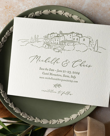 custom venue illustration on Italy letterpress save the date 