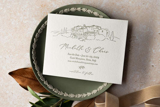 custom venue illustration on Italy letterpress save the date 