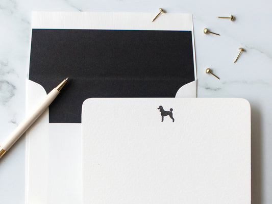 chic black poodle letterpress stationery, envelopes with black liner