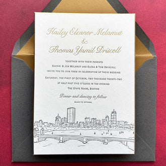 Boston wedding invitation with city skyline illustration, gold foil and letterpress