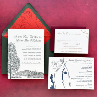 Illustrated tree landscape for fall invitation suite with custom map design