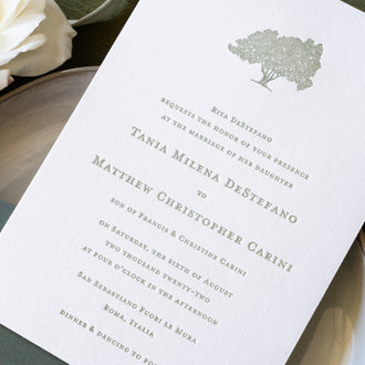Bespoke letterpress design with custom tree illustration for Italy wedding