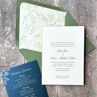 Edge painted letterpress invite with custom vine envelope liner and details card