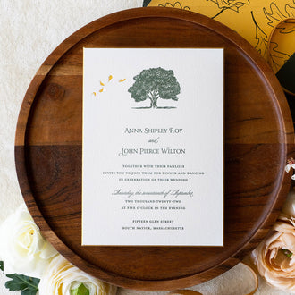 Custom tree illustration letterpress invitation for fall wedding 