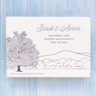 Letterpress save the date with custom tree and landscape illustration 