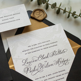 Cityscape letterpress wedding invitation, vintage map design, classic typography, calligraphy, wax seal, envelope liner