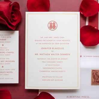 Classic Elegance wedding invitation - letterpress red and gold double happiness modern typography