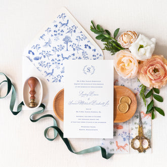 Classic letterpress invitation suite with custom calligraphy monogram and script and toile-inspired envelope liner