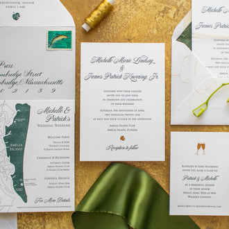 Classic elegance letterpress wedding invitations, gold foil, gold edge painting, envelope liners,