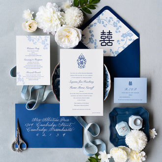Custom Elm Bank wedding invitations with custom floral illustrations 