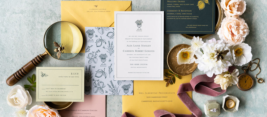 Bespoke letterpress wedding invitation suite for whimsical garden wedding 