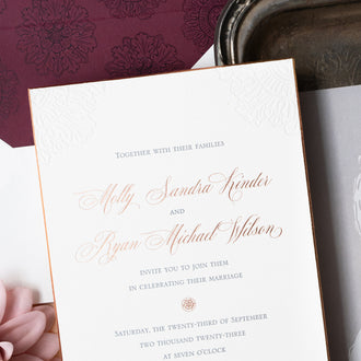 Rose gold foil with letterpressed corner details for boston public library wedding invite