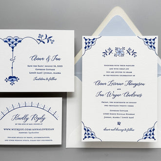 Custom ornamental wedding invitation inspired by vintage dinnerware