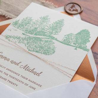 Pastoral letterpress wedding invitation, landscape illustration, envelope liner, gold thread