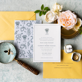 Herb Lyceum wedding invitation letterpressed and duplexed to a custom toile design