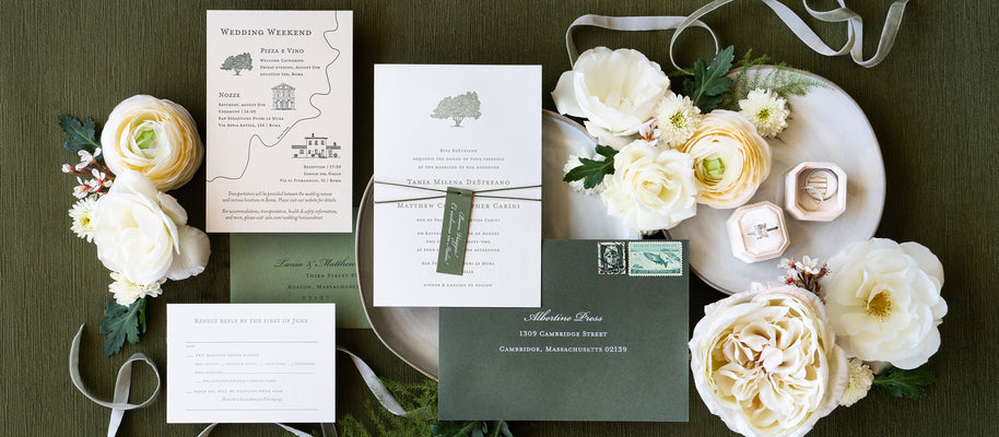 Custom Invitation with Tree Illustration and Custom Map for Destination Wedding in Italy